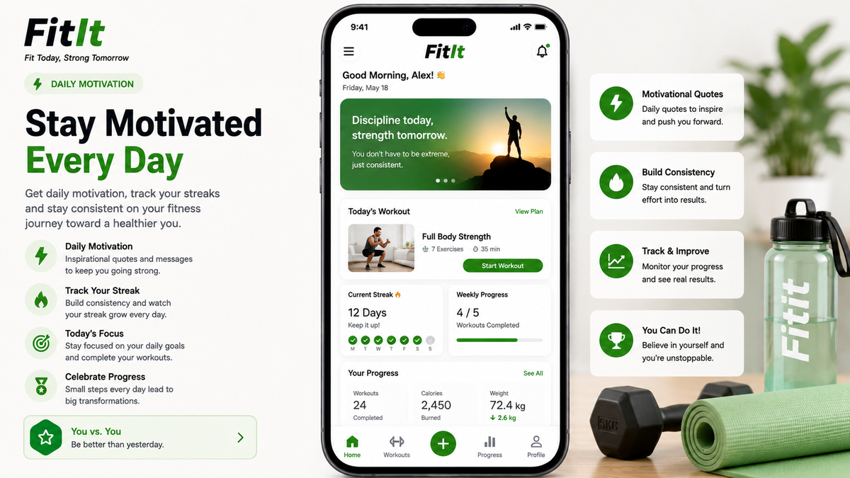FitIt app view with daily motivation for home workouts